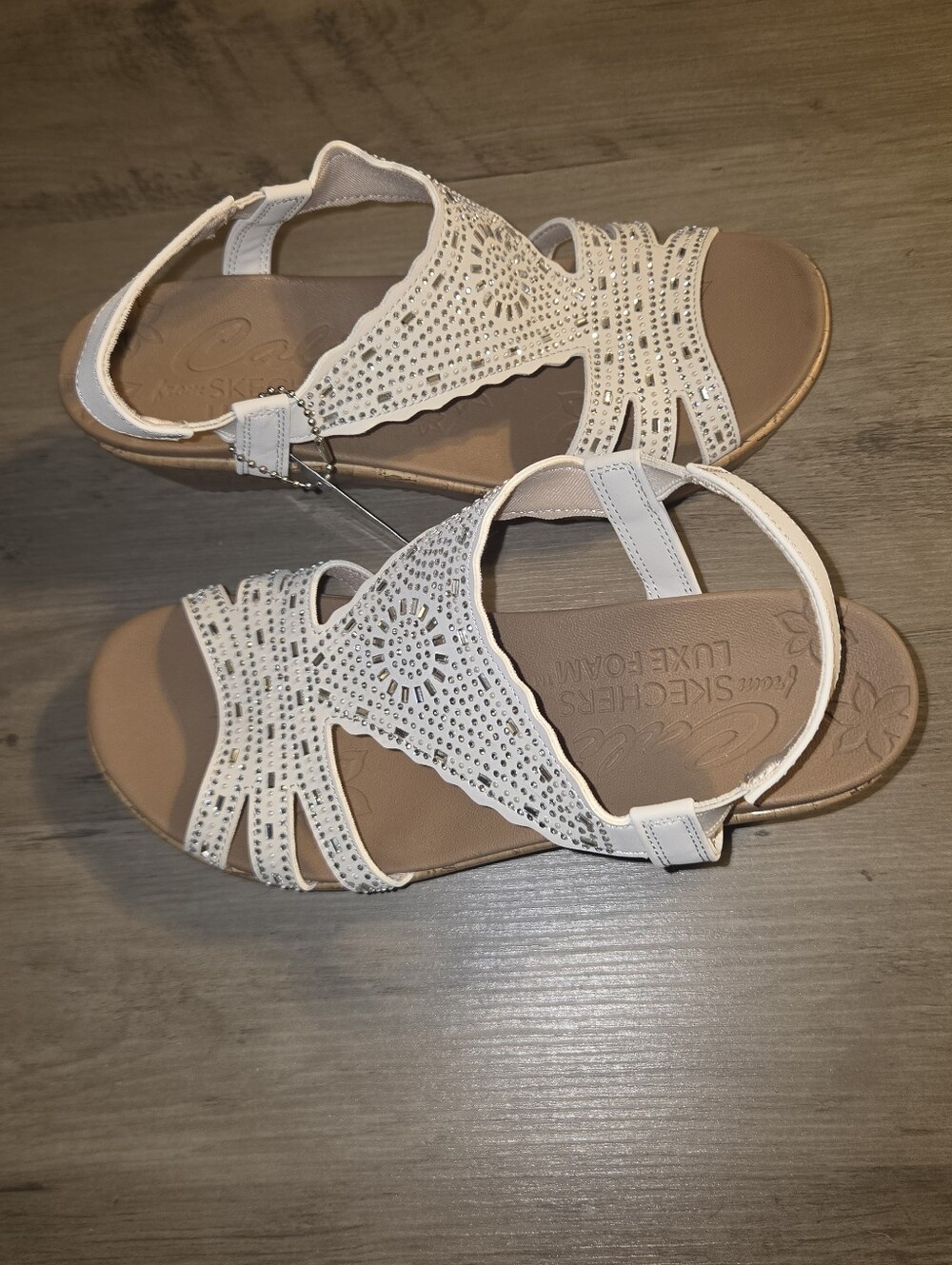 Skechers Women's White Crochet Rhinestone T-Strap Slingback Sandals - Picture 2 of 7